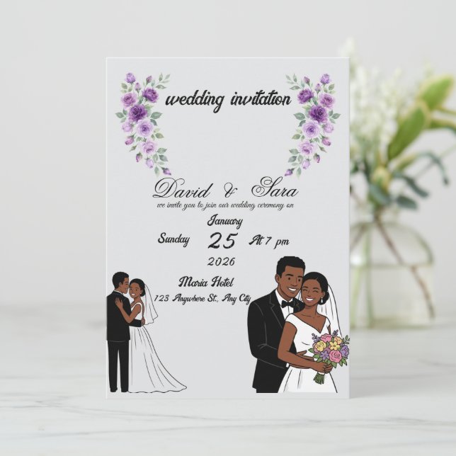 Convite de Casamento de Casal Negro Ilustrado Mode (Em pé/Frente)