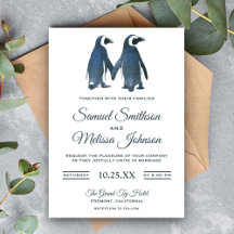 Convite de Casamento de Casal Romântico de Pinguim