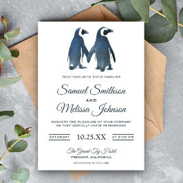 Convite de Casamento de Casal Romântico de Pinguim