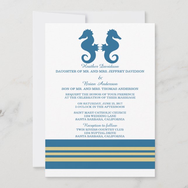 Convite de casamento de Cavalo de Mar Dourado azul (Frente)