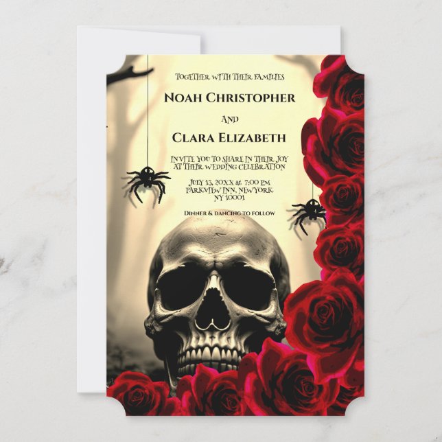 Convite de casamento de caveira gótica floral pret (Frente)
