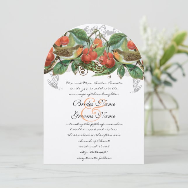 Convite de casamento de cereja de aves de capoeira (Em pé/Frente)