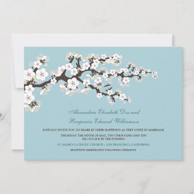 Convite De Casamento De Cerejeira Blossoms (Azul) (Frente)