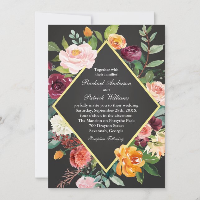 Convite De Casamento De Chalkboard Rustic Floral (Frente)