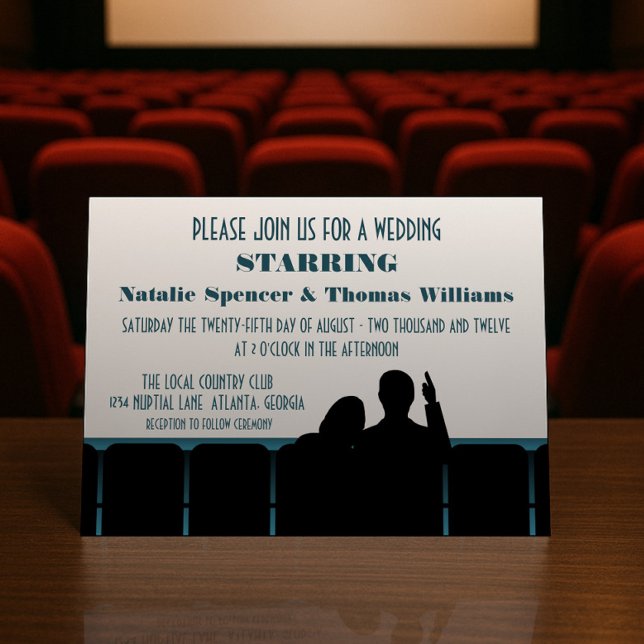 Convite de casamento de Cinema, Azul (Blue Movie Theater Wedding Invite)
