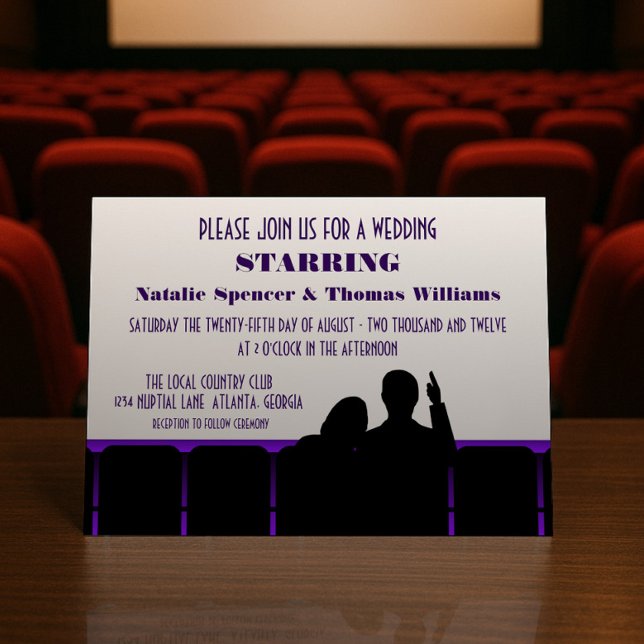 Convite de casamento de Cinema, Roxo (Purple Movie Theater Wedding Invite)