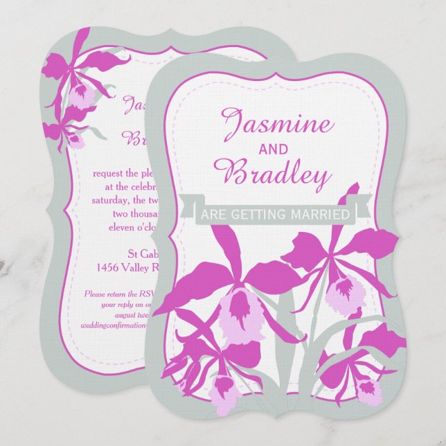 Convite de casamento de cinza verde-roxa de orquíd (Frente/Verso)