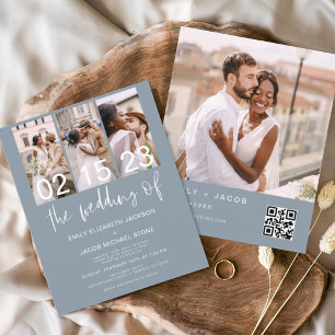 Convite de Casamento de Código QR Azul Dusty de Or