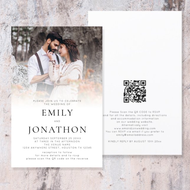 Convite de casamento de Código QR de Foto Simples  (Front and back view. Part of a large wedding collection of matching stationery and accessories)