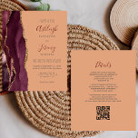 Convite de casamento de Código QR de Pêssego Doura<br><div class="desc">Economize o custo de imprimir e enviar cartões RSVP separados com este elegante convite de casamento de orçamento integral. A borda esquerda apresenta uma borda de cor d'água borrifada, aparada com brilho dourado. O texto personalizável combina um script de escrita manual burgundy com a placa-mãe de cinza de carvão e...</div>