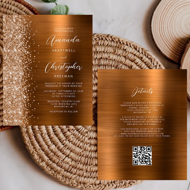 Convite de casamento de Código QR do Glam Laranja  (Criador carregado)