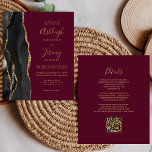 Convite de casamento de Código QR Dourado Borgonha<br><div class="desc">Economize o custo de imprimir e enviar cartões RSVP separados com este elegante convite de casamento de orçamento integral. A borda esquerda apresenta uma borda preta de aquarelas, aparada com brilho dourado. O texto personalizável combina manuscritos dourados, copperplate e fontes itálicas em fundo burgundy. O verso fornece espaço para detalhes...</div>