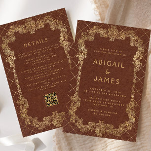Convite de casamento de Código QR Dourado de Rust