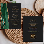 Convite de casamento de Código QR Dourado Emerald<br><div class="desc">Economize o custo de imprimir e enviar cartões RSVP separados com este elegante convite de casamento de orçamento integral. A borda esquerda apresenta uma esmeralda verde aquarela agate border aparada com brilho dourado. O texto personalizável combina manuscrito dourado, fontes em copperplate e itálico em um fundo preto de slate. O...</div>