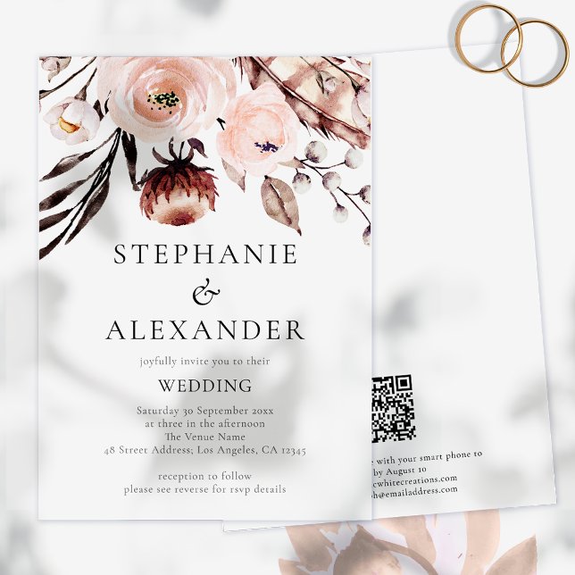 Convite de casamento de Código QR Florais de Blush (Criador carregado)