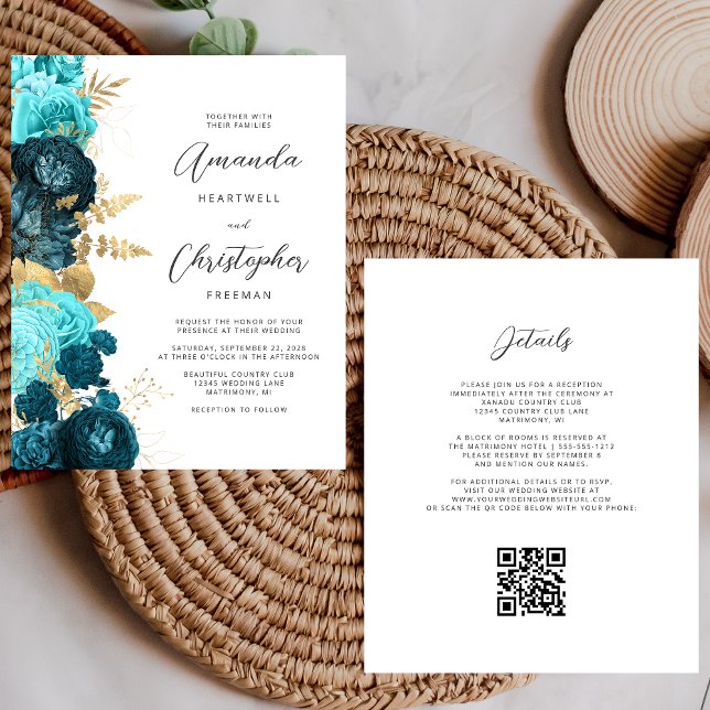 Convite de casamento de Código QR Floral Dourado T (Criador carregado)