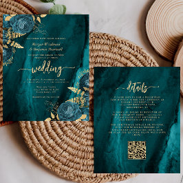Convite de casamento de Código QR Floral Dourado T