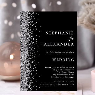 Convite de casamento de Código QR Preto Glitter do