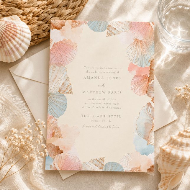 Convite de Casamento de Conchas Marinhas Costeiras (Coastal Seashell Wedding Invitation)