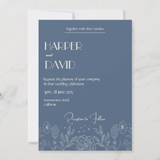 Convite De Casamento De Contorno Floral Azul Elega