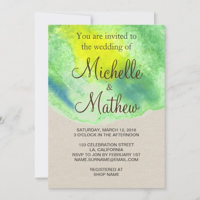 Convite De Casamento De Cor Azul Amarelo Verde (Frente)