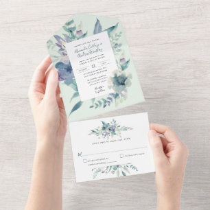 Convite De Casamento De Cor De Água Floral Azul