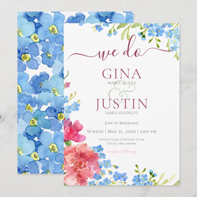 Convite de Casamento de Cravos e Não Me Esqueças (Frente/Verso)