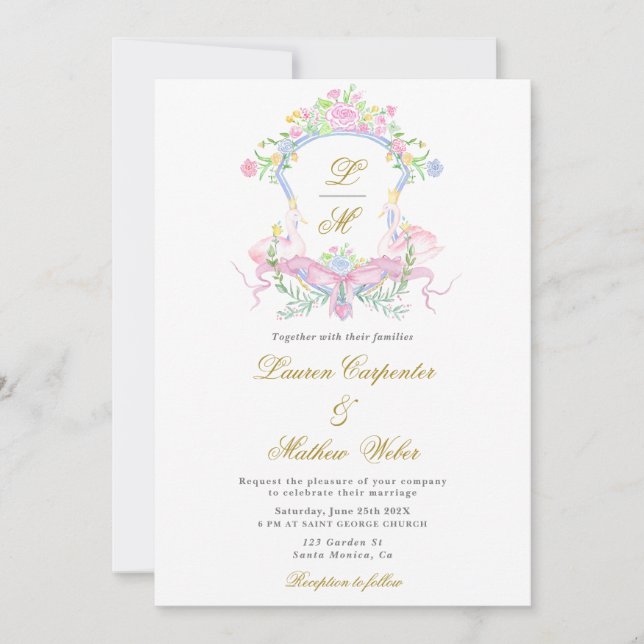 Convite de Casamento de Crest Floral de Watercolor (Frente)