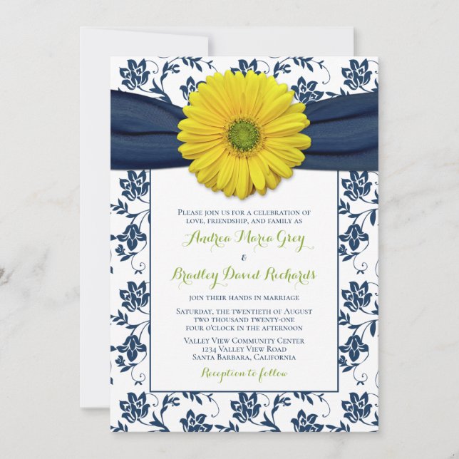 Convite de Casamento de Daisy Daisy Damask Amarelo (Frente)