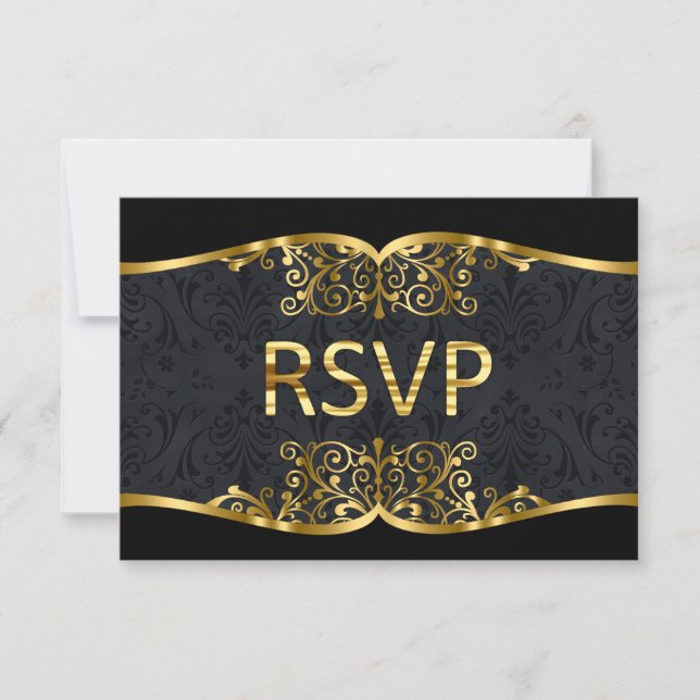 Convite de casamento de damasco dourado preto RSVP (Frente)