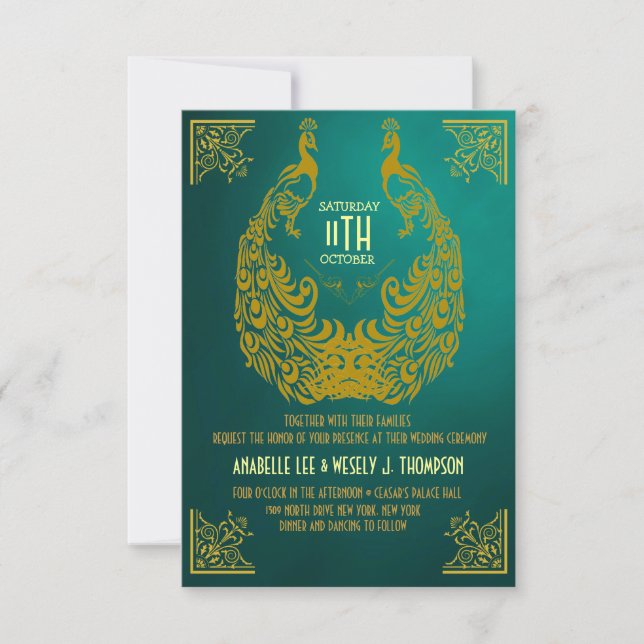 Convite De Casamento De Deco De Arte De Peacock 19 (Frente)