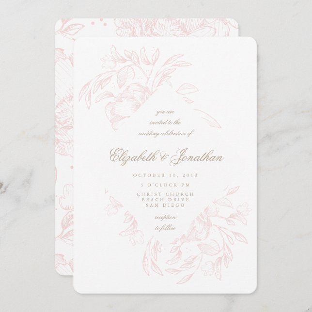 Convite De Casamento De Desenho Floral Rosa Românt (Frente/Verso)