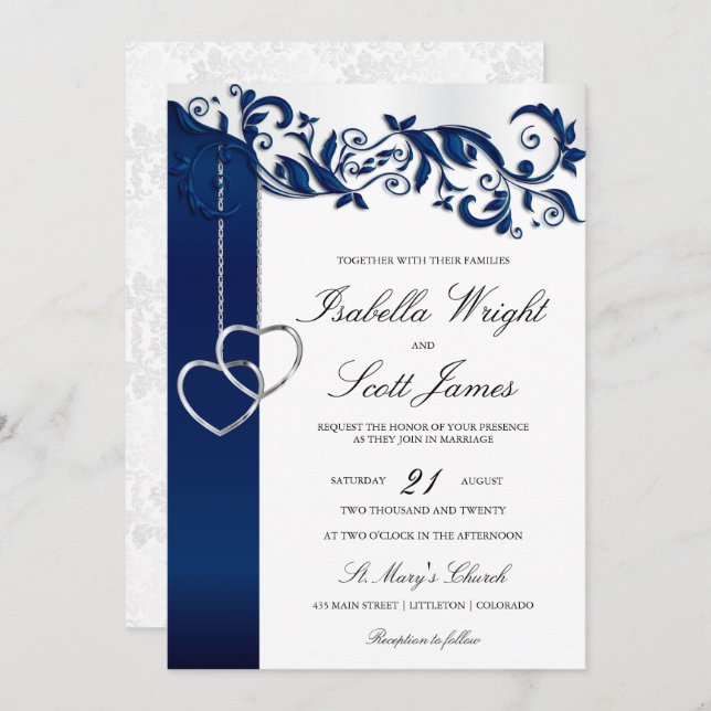 Convite De Casamento De Design Azul marinho Azul (Frente/Verso)