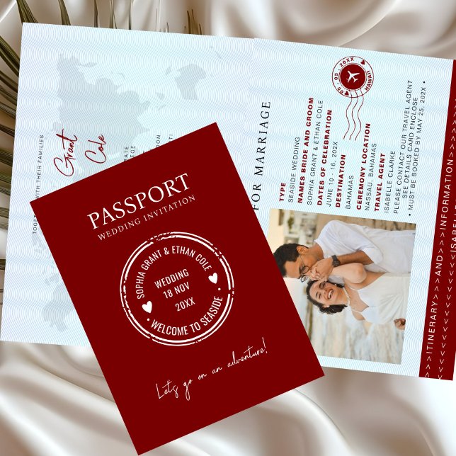 Convite de casamento de destino de passaporte verm (Criador carregado)