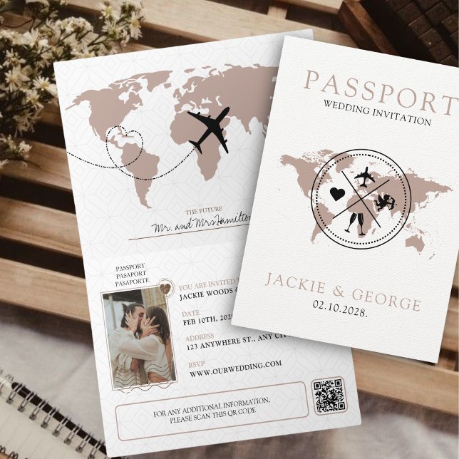 Convite de Casamento de Destino Único do Passport (Unique Passport Wedding Invitation for Destination Wedding Beige Aesthetic Muted Colors Elegant Cute)
