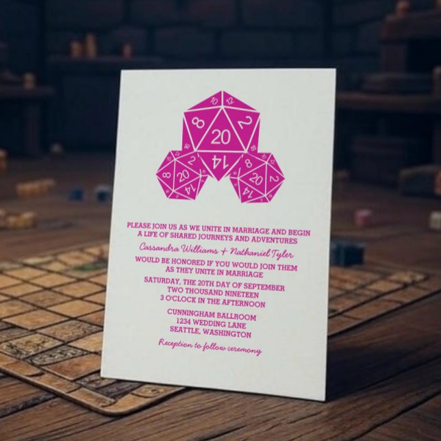 Convite de casamento de Dice D20 Rosa (Pink D20 Dice Wedding Invite)