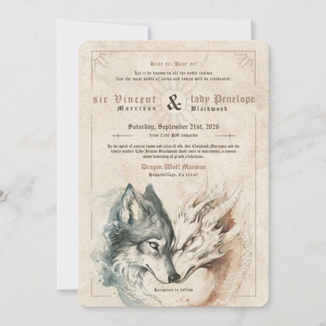 Convite de Casamento de Dragão e Lobo (Frente)