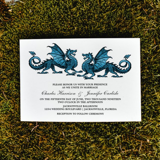 Convite de casamento de Dragão Elegante Azul (Blue Elegant Dragons Wedding Invite)