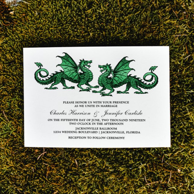 Convite de casamento de Dragão Elegante Verde (Green Elegant Dragons Wedding Invite)