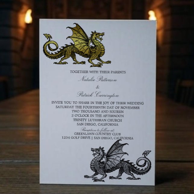 Convite de casamento de Dragão Medieval do Prata D (Gold Silver Medieval Dragon Wedding Invite)