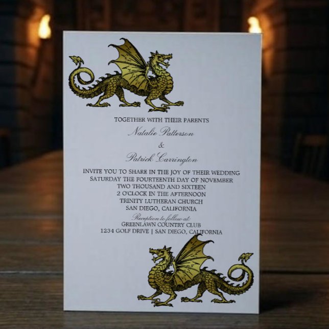 Convite de casamento de Dragão Medieval Dourado (Gold Medieval Dragon Wedding Invite)