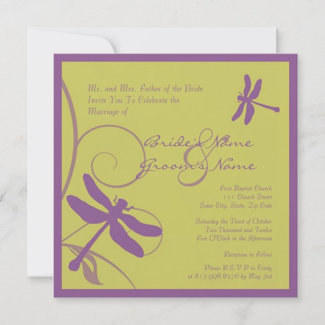 Convite De Casamento De Dragonfly Roxo (Frente)