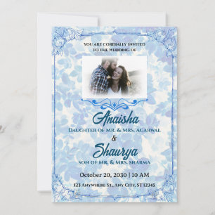 Convite de Casamento de Elegância Floral Azul