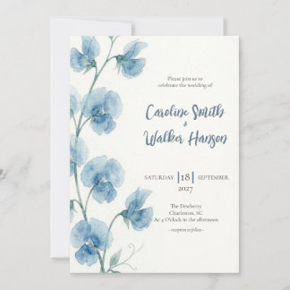 Convite de Casamento de Ervilha-Doce Aquarela Azul