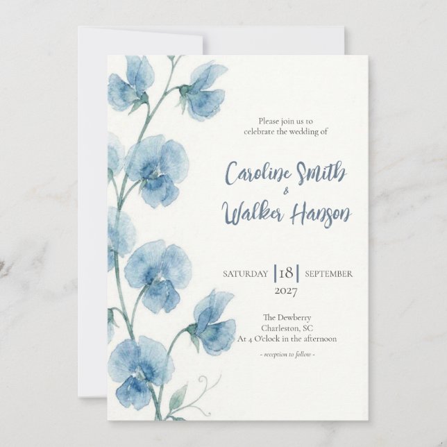 Convite de Casamento de Ervilha-Doce Aquarela Azul (Frente)