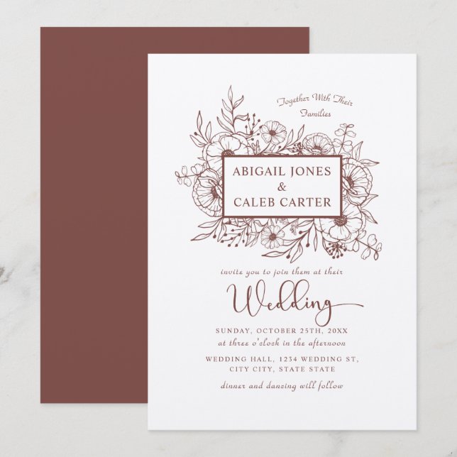 Convite De Casamento De Esboço Floral Rustic Kraft (Frente/Verso)