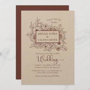 Convite De Casamento De Esboço Floral Rustic Kraft