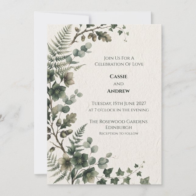 Convite de Casamento de Eucalipto Verde Escuro (Frente)