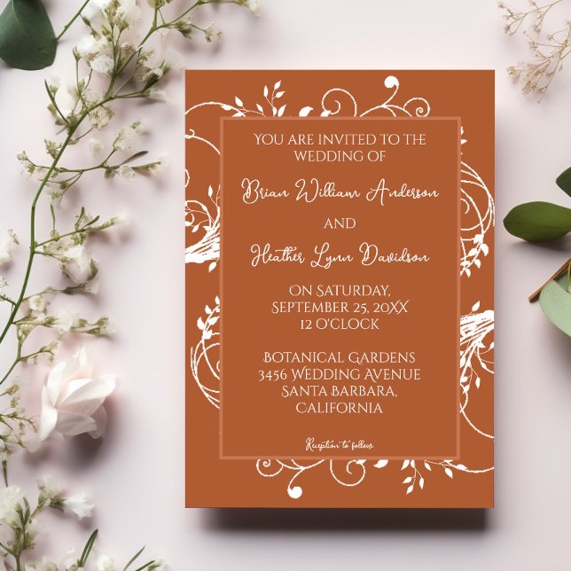 Convite De Casamento De Fardo Laranja Queimado (Burnt Orange Flourish Wedding Invitation)