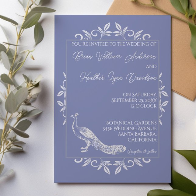 Convite De Casamento De Farinha De Peacock Periwin (Periwinkle Peacock Flourish Wedding Invitation)